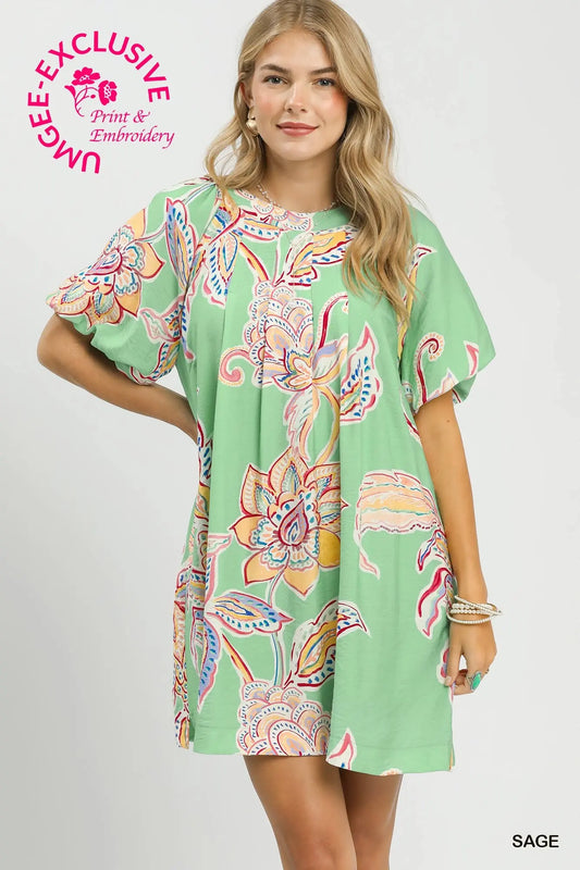 Umgee LINING PLEATED ROUND NECK BUBBLE SLEEVE PRINTED DRESS WITH SIDE VENT W/ POCKETS