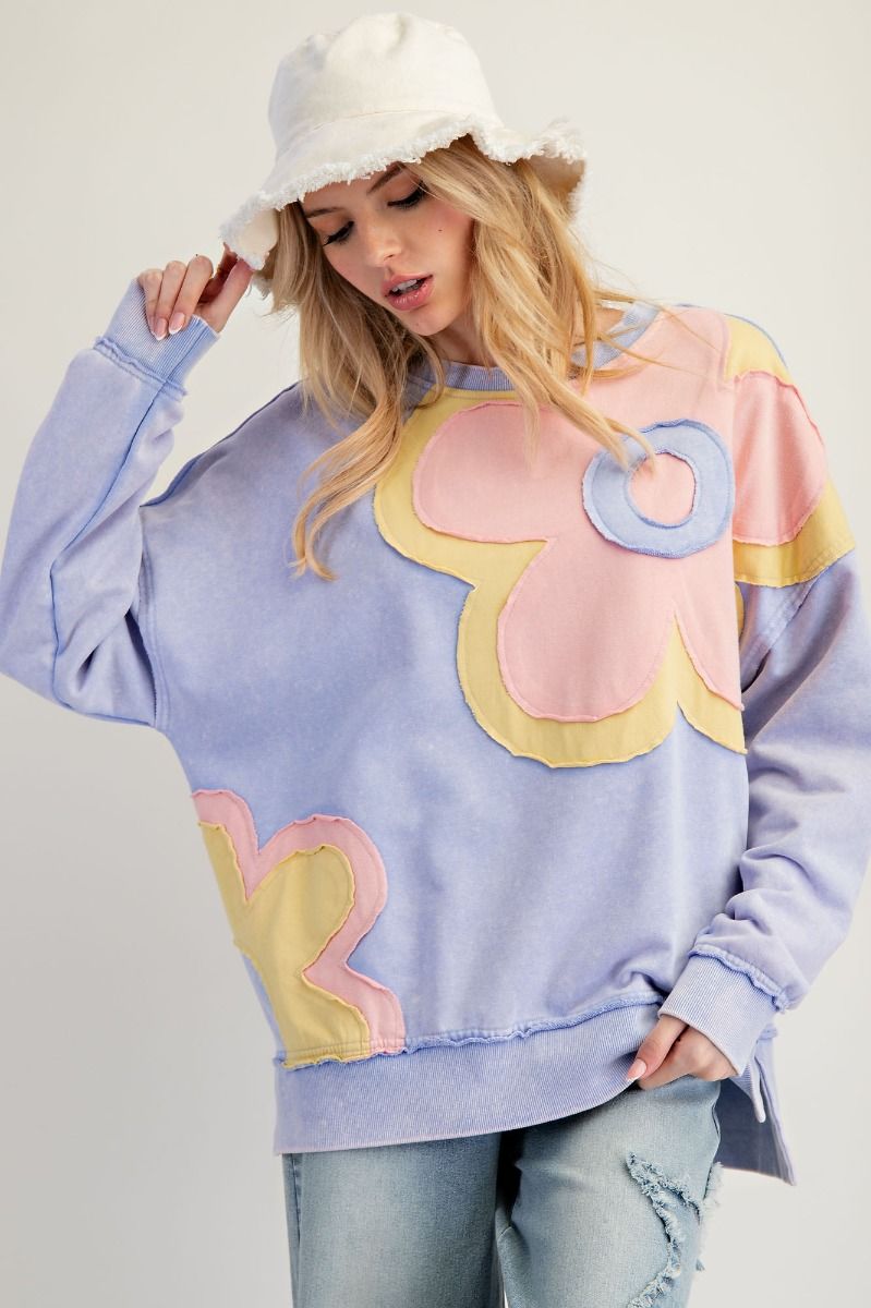 Easel lilac blue flower patch sweatshirt top