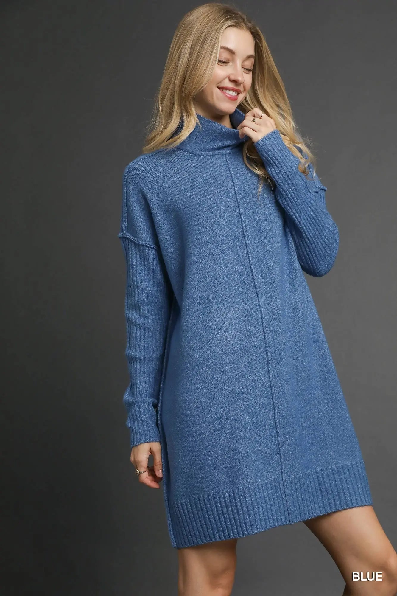 Cozy Knit Turtleneck Sweater Dress denim