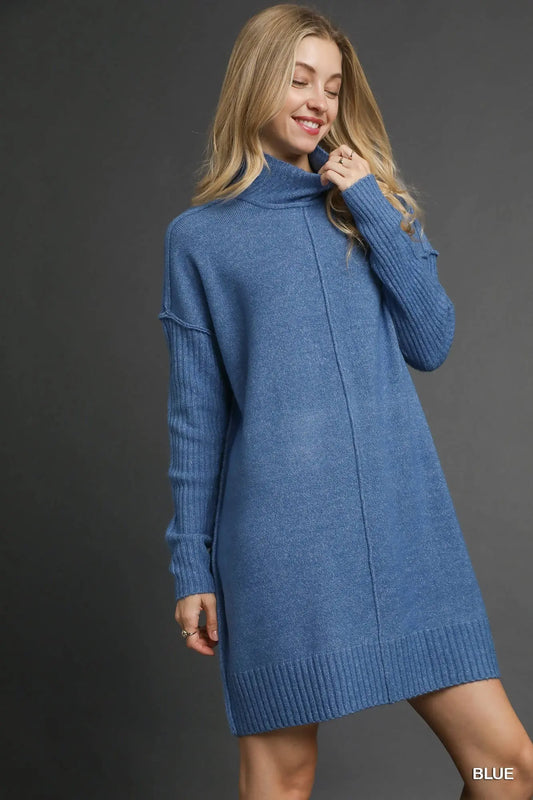 Cozy Knit Turtleneck Sweater Dress denim