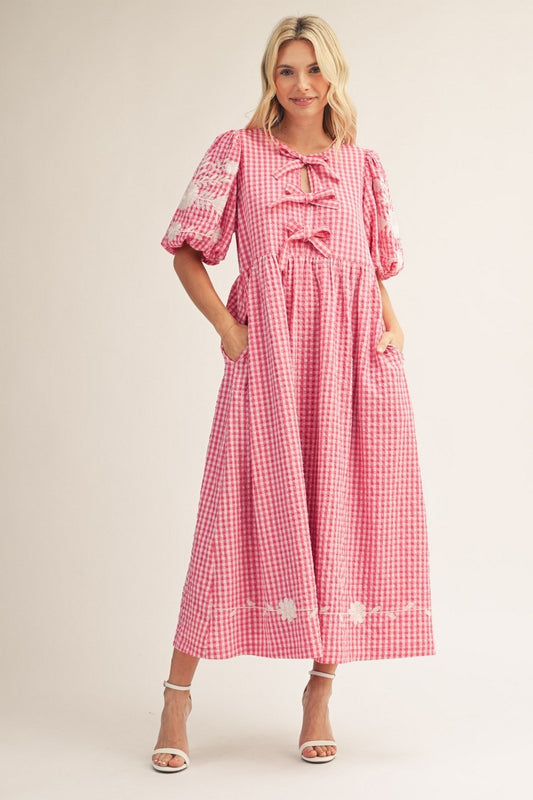 Jodifl pink gingham bow midi