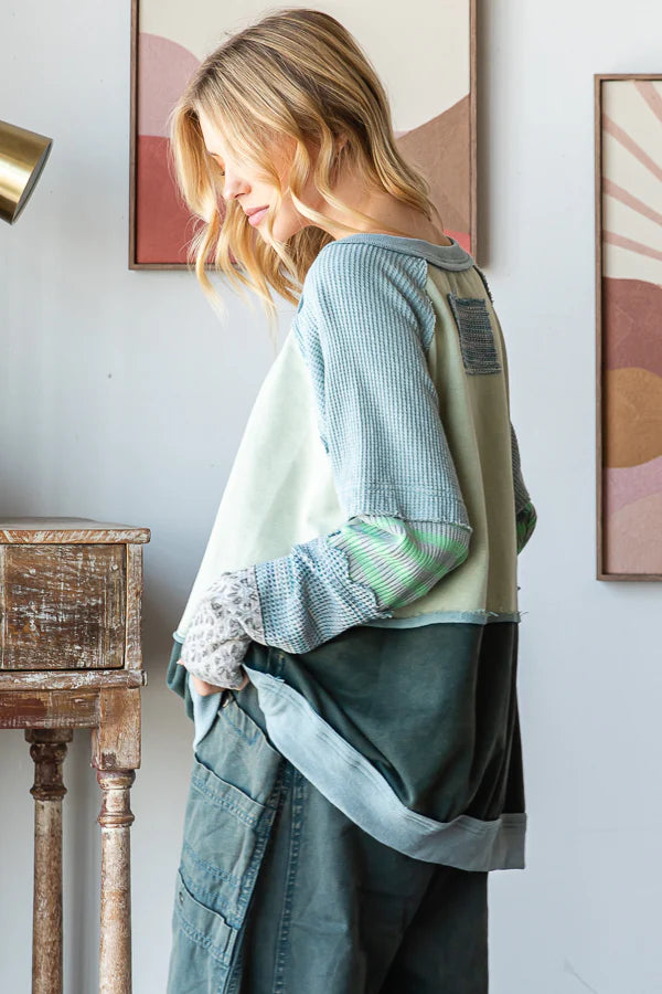 Oli and Hali sea foam WASHED COLORBLOCK DETAIL MIX MEDIA PULLOVER TOP