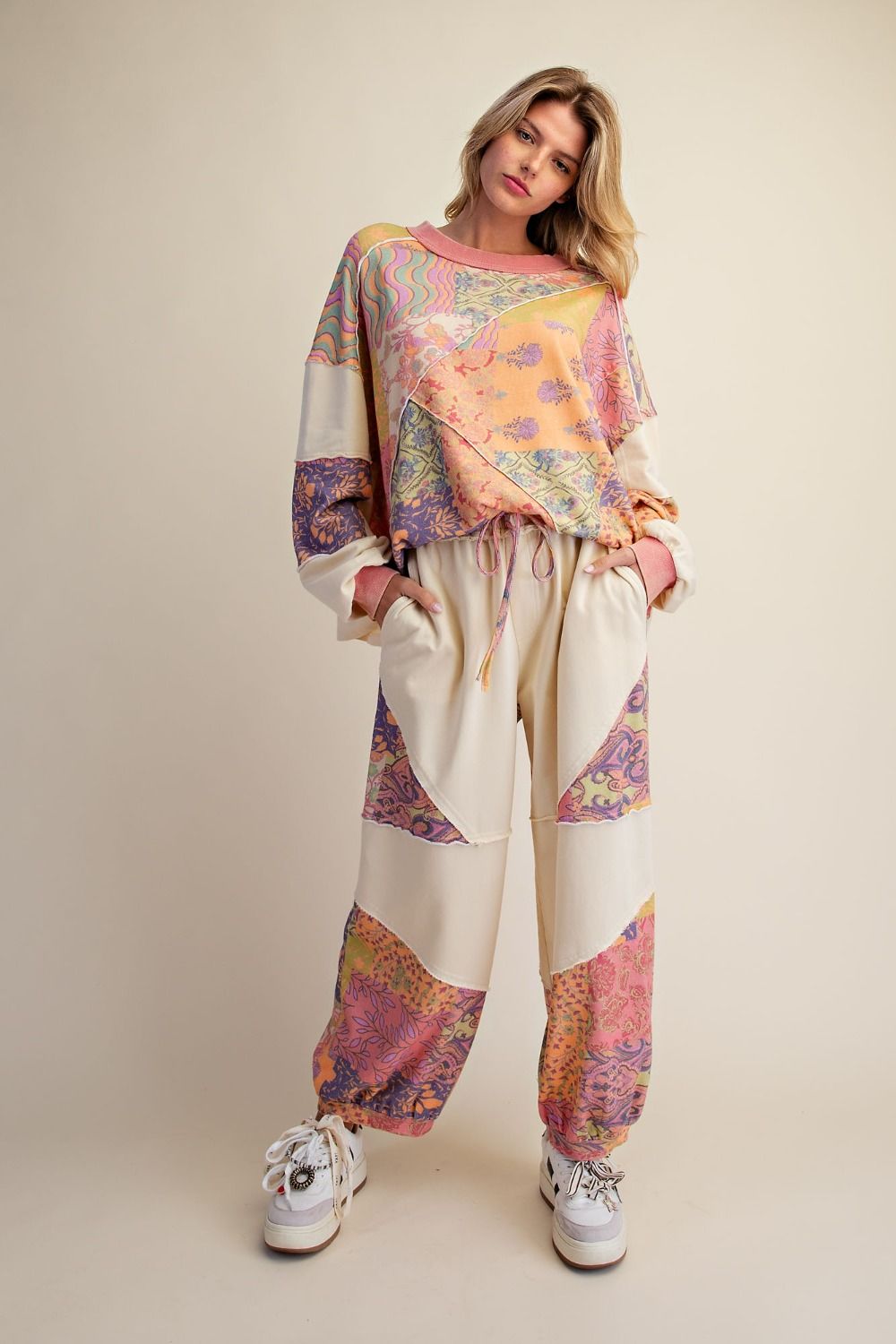 EASEL SIGNATURE PRINT WASHED TERRY PULLOVER SET LIME ROSE