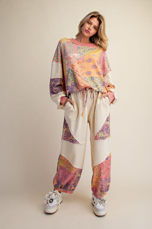 EASEL SIGNATURE PRINT WASHED TERRY PULLOVER SET LIME ROSE