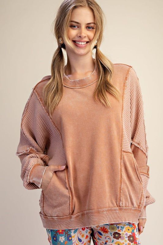 EASEL ALMOND THERMAL MIX WASHED TERRY PULLOVER