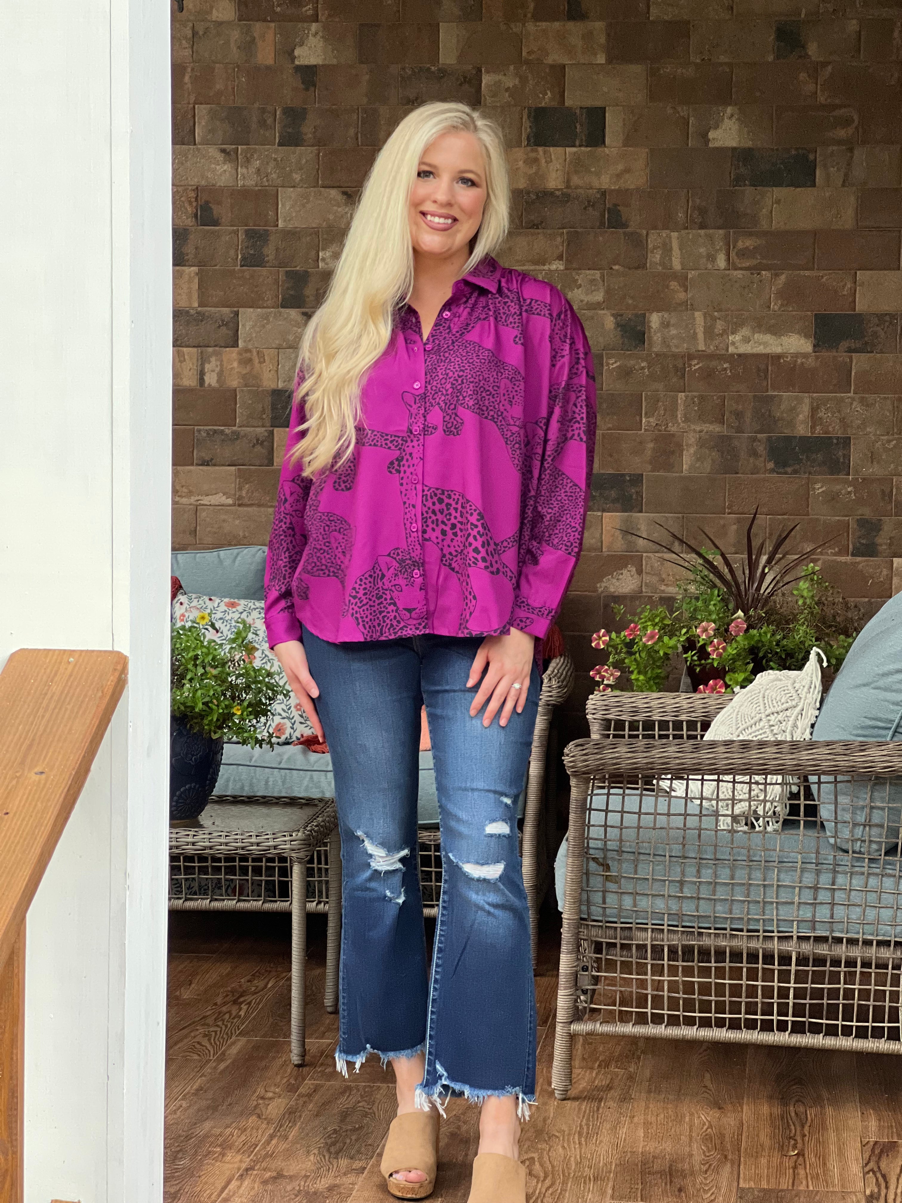 Magenta cheetah button down