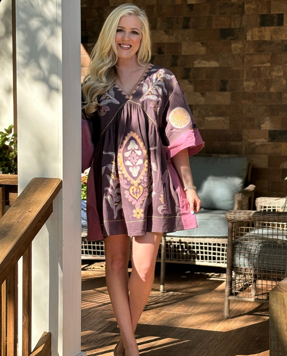 Blue velvet pink mix embroidered dress tunic