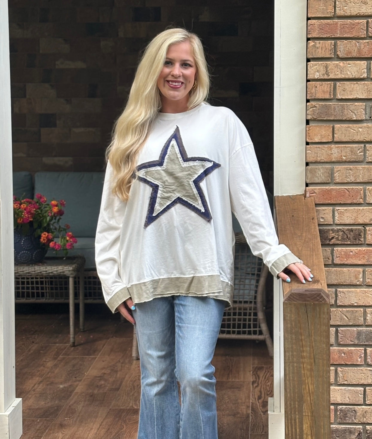 Blue velvet patchwork Star pullover top