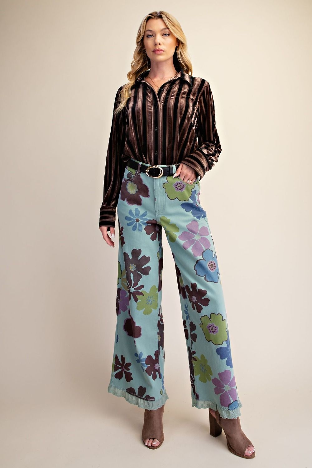FLORAL PRINTED ENZYME WASHED STRETCH TWILL PANTS MINT BLUE