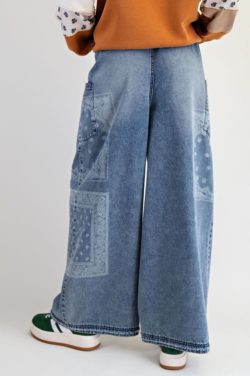Easel PATCHWORK PRINTED WASHED DENIM PANTS