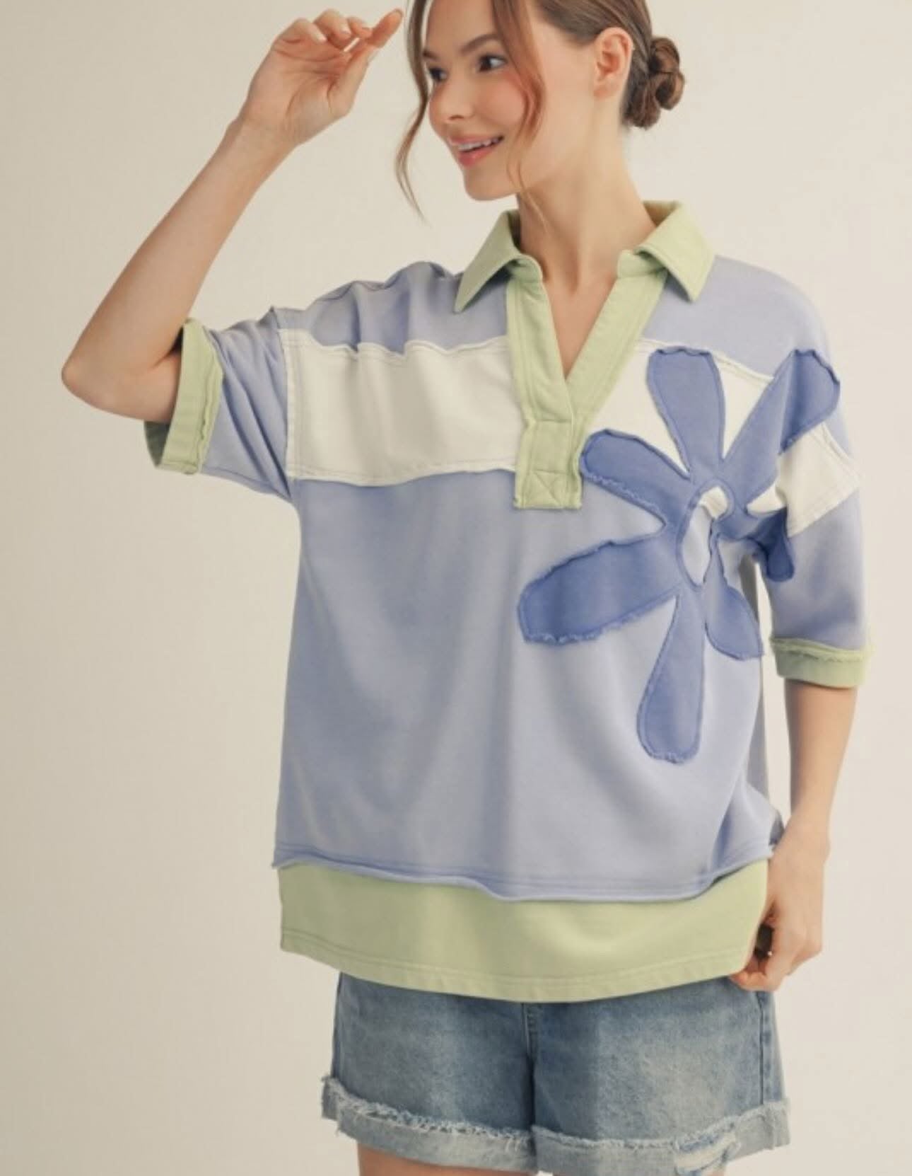 Jodifl collared flower patch knit sweatshirt top