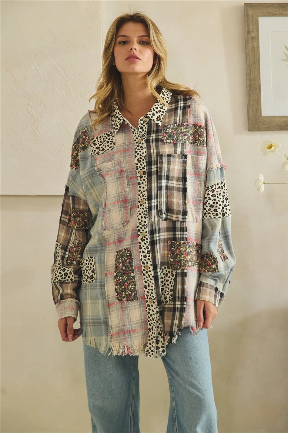 OLI AND HALI WASHED LEOPARD FLORAL PATCH MIX BUTTON DOWN SHIRT