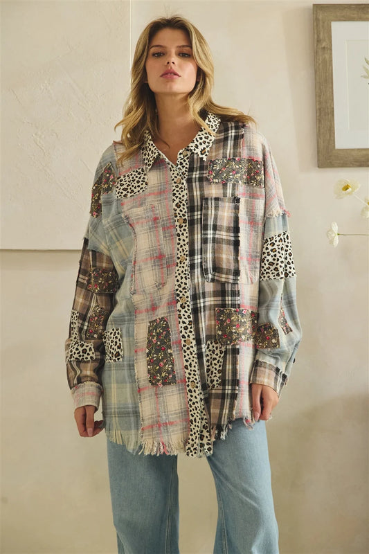 OLI AND HALI WASHED LEOPARD FLORAL PATCH MIX BUTTON DOWN SHIRT
