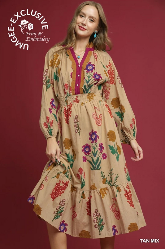 Umgee printed midi dress taupe