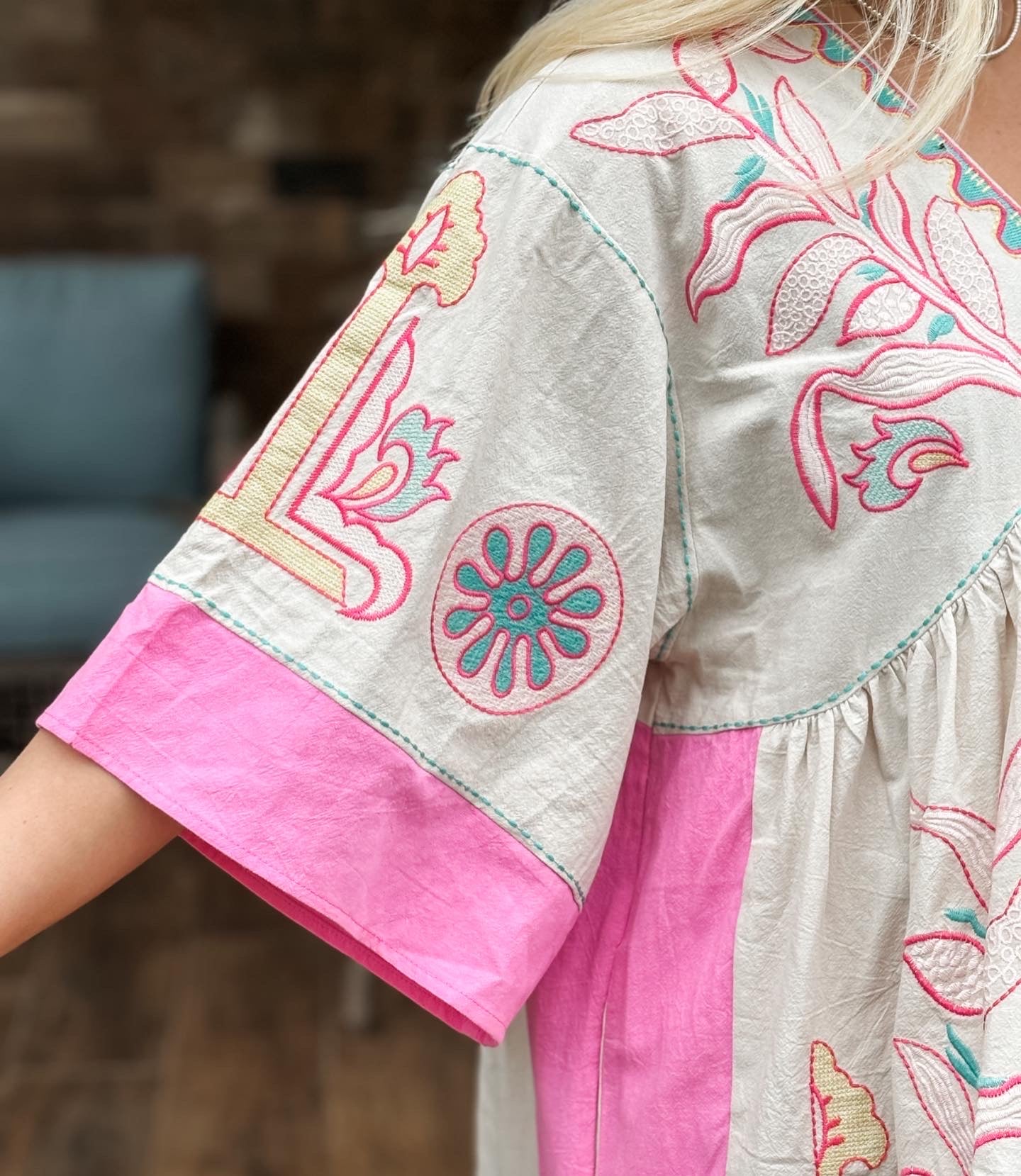 Blue velvet pink mix embroidered dress tunic