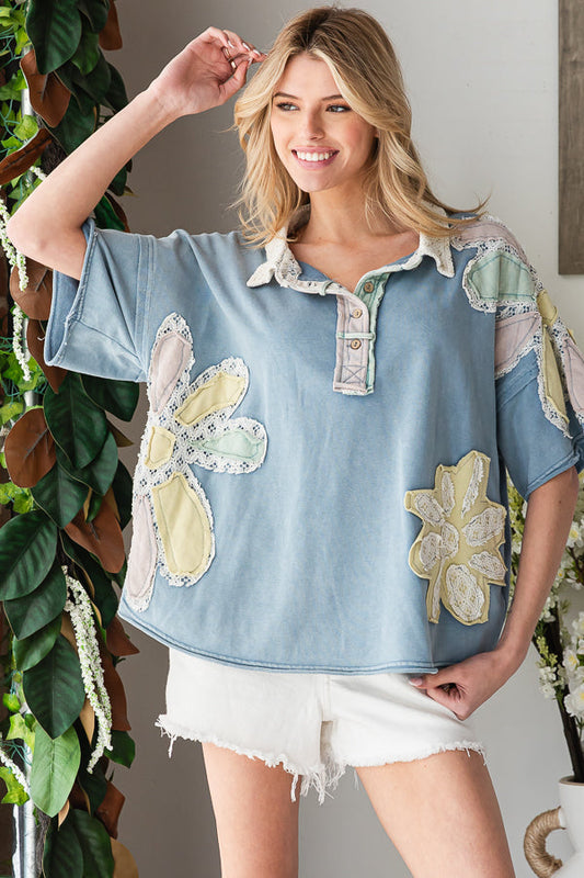 WASHED FLOWER PATCHWORK COLLARED TOP oli and Hali