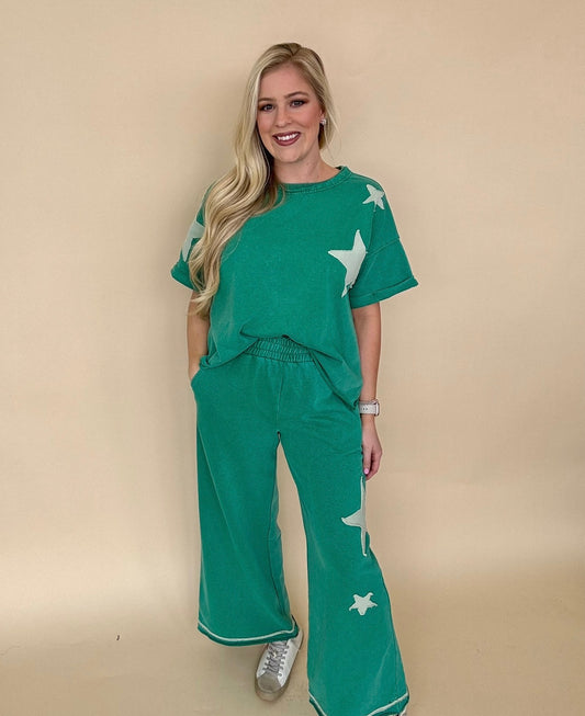 Easel star knit pant set Atlantis green