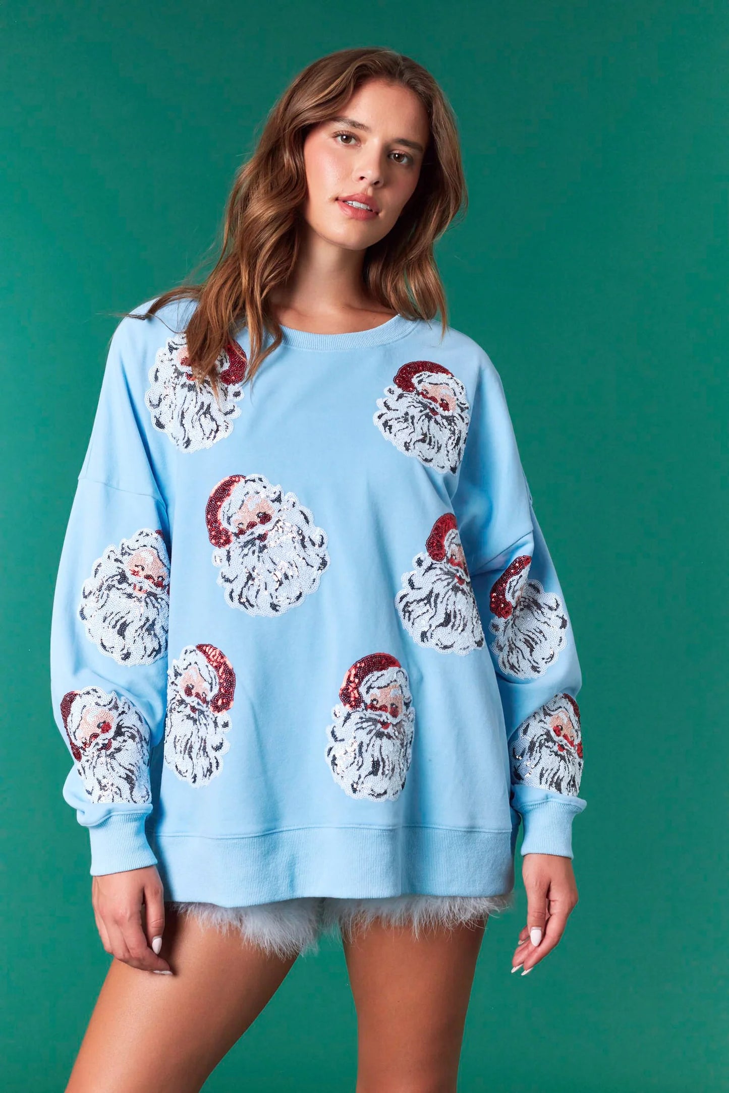 Santa’s coming to town sequin baby blue sweatshirt