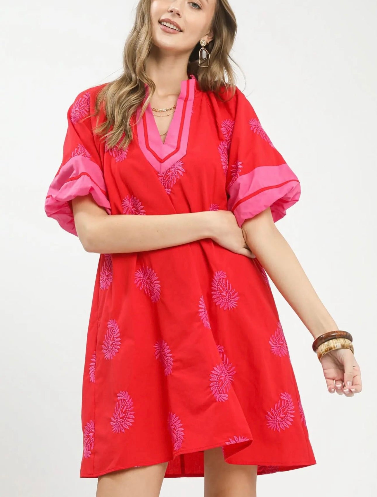 Umgee red and pink embroidered dress