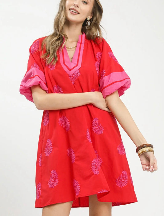 Umgee red and pink embroidered dress