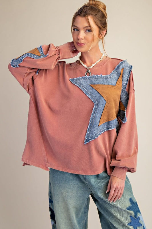 Easel mineral wash star patch sweatshirt tops