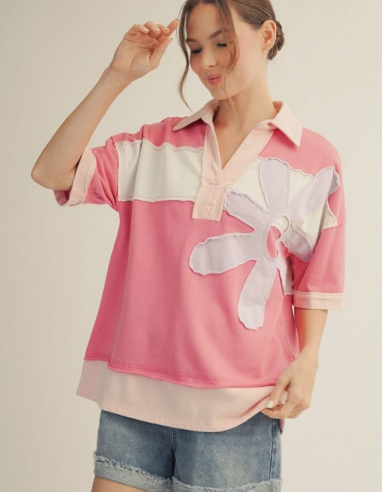 Jodifl collared flower patch knit sweatshirt top