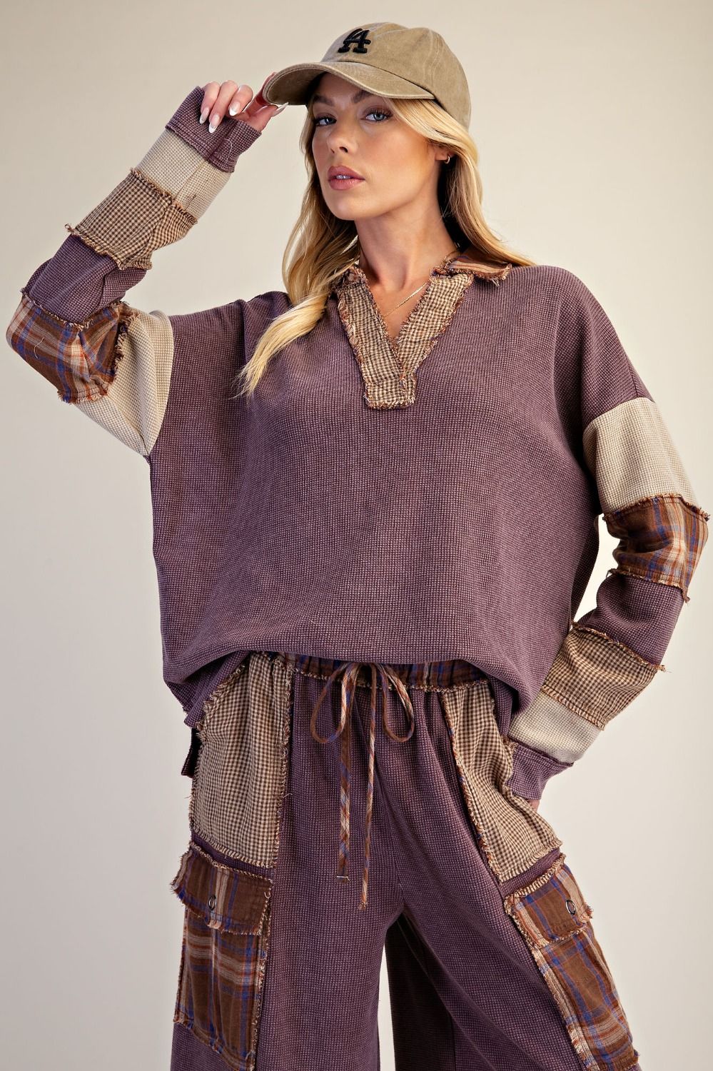 EASEL PATCHWORK THERMAL KNIT WASHED PANT SET MOCHA