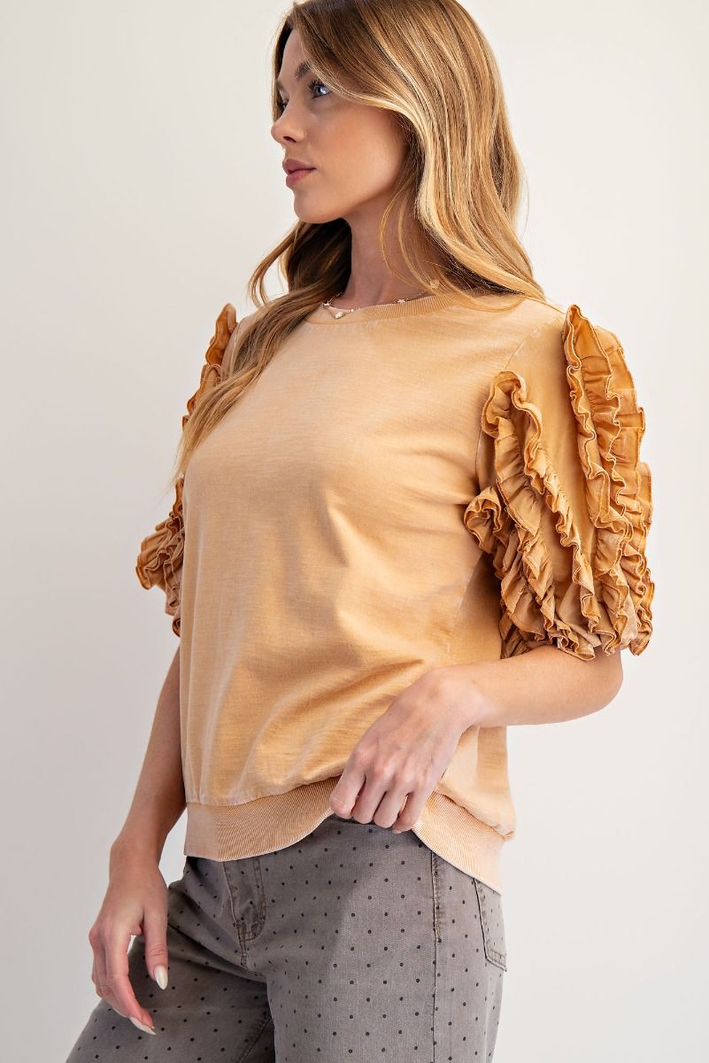 Easel ruffle sleeve mineral wash top camel