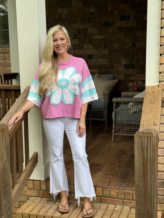 Blue velvet pink & mint daisy top
