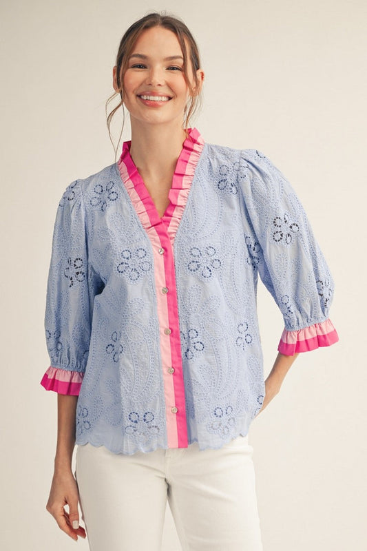 Entro eyelet baby blue button down top