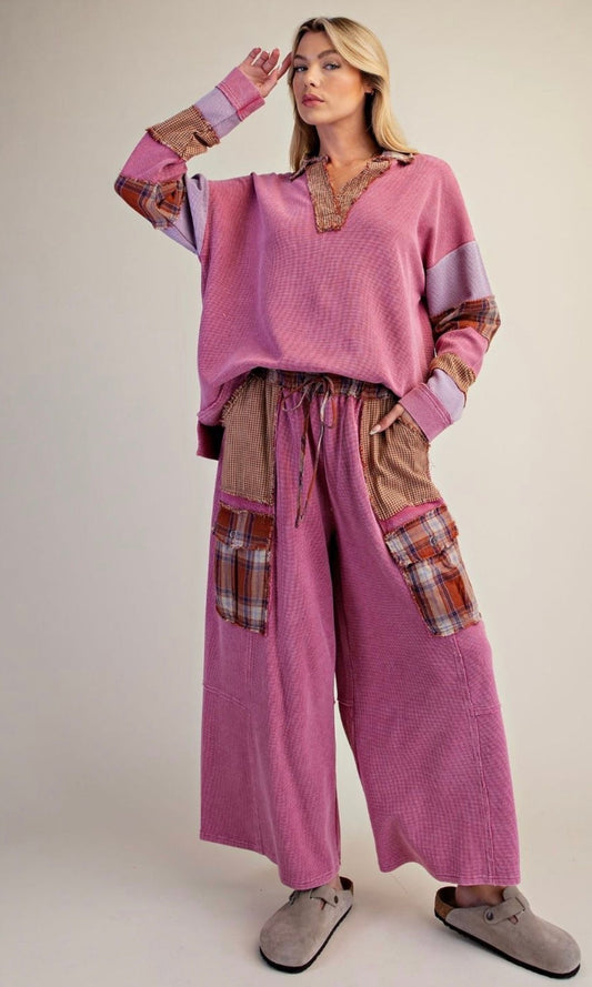 EASEL PATCHWORK THERMAL KNIT WASHED PANT SET PINK