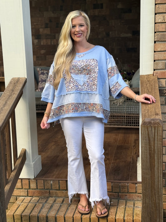 Blue velvet patchwork sweatshirt top