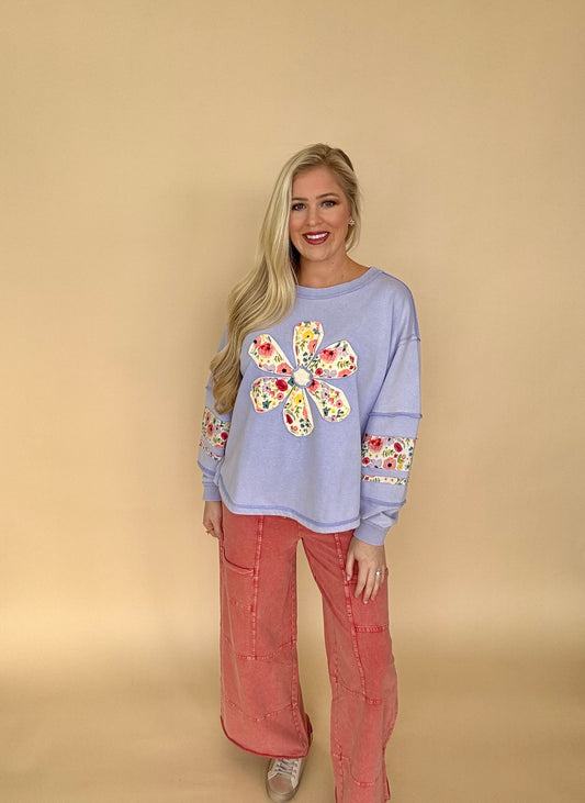 Sage and fig daisy appliqué sweatshirt periwinkle blue