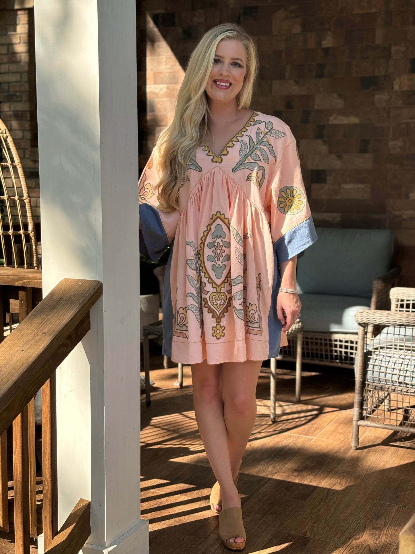 Blue velvet pink mix embroidered dress tunic