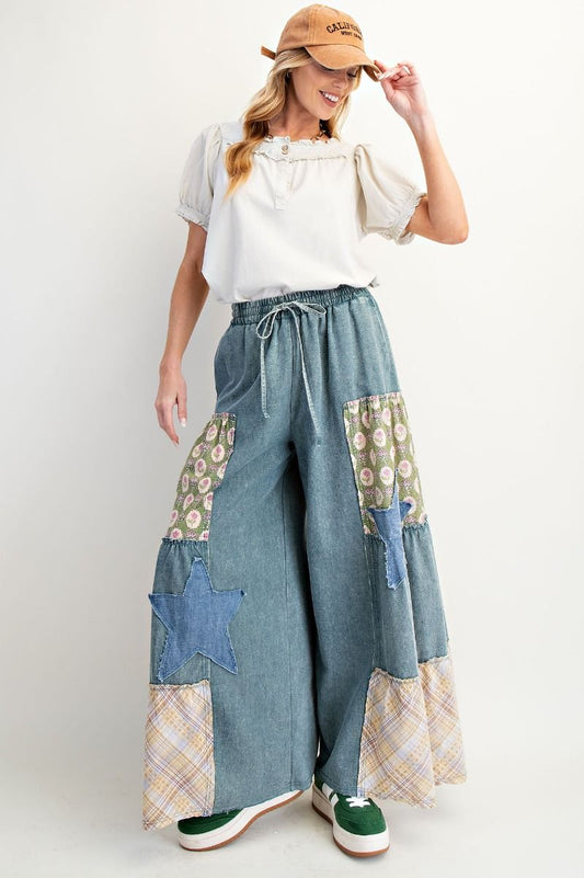 Easel washed denim patch star pants
