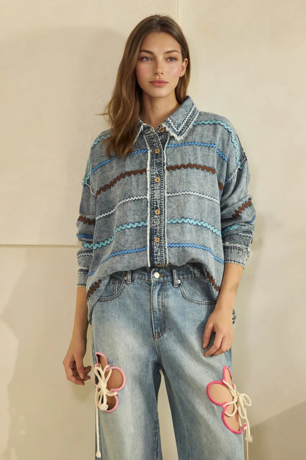 WASHED RIC RAC STRIPE WOVEN BUTTONDOWN SHIRT