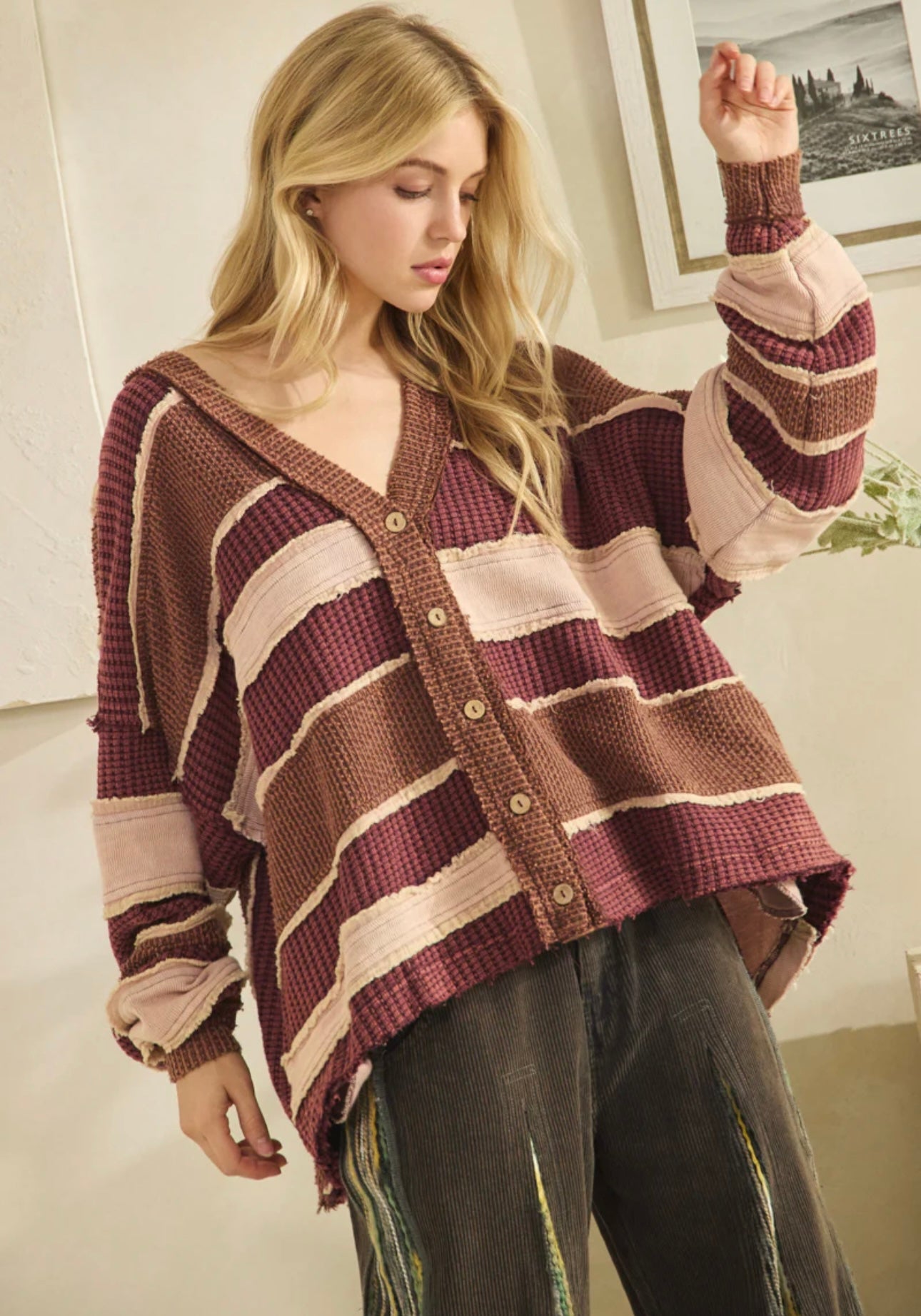 Oli and Hali burgundy mix knit sweater button down