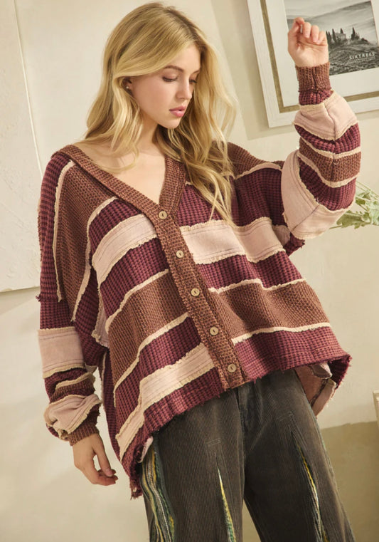 Oli and Hali burgundy mix knit sweater button down