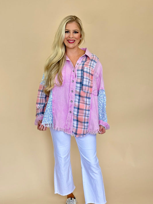 Blue velvet plaid button down lavender