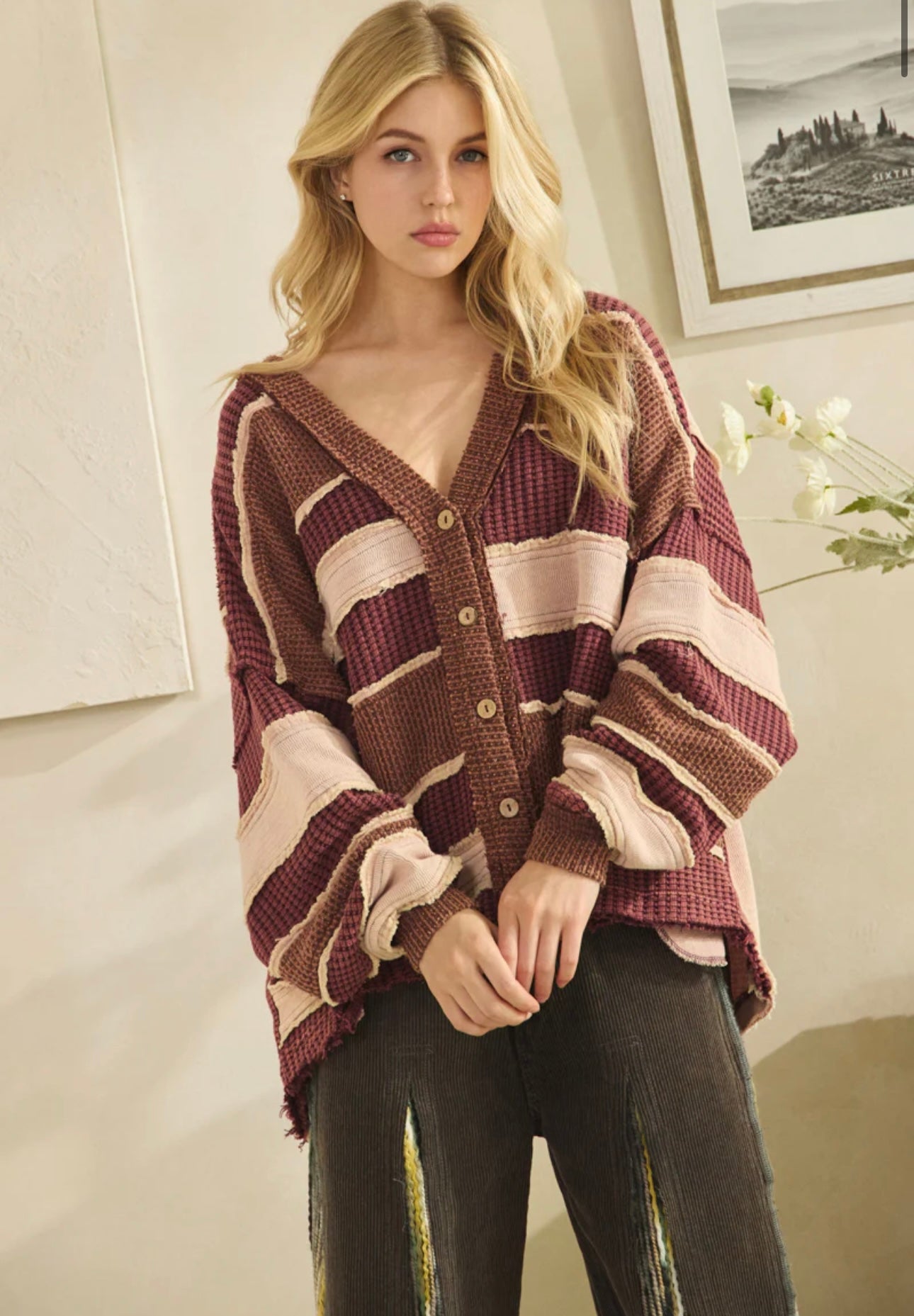 Oli and Hali burgundy mix knit sweater button down