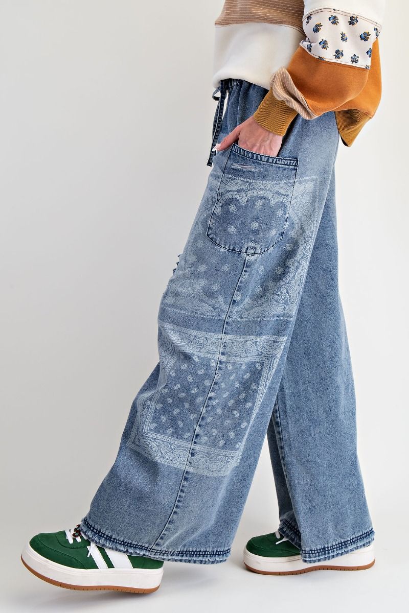 Easel PATCHWORK PRINTED WASHED DENIM PANTS