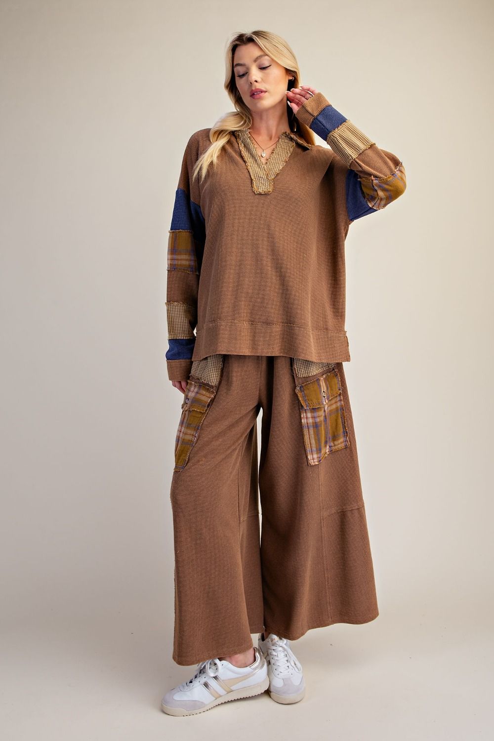 EASEL PATCHWORK THERMAL KNIT WASHED PANT SET CAMEL