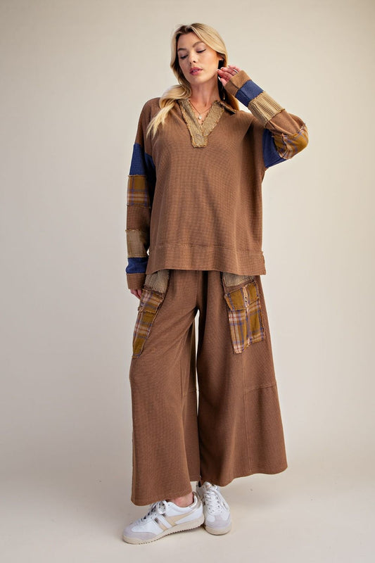 EASEL PATCHWORK THERMAL KNIT WASHED PANT SET CAMEL