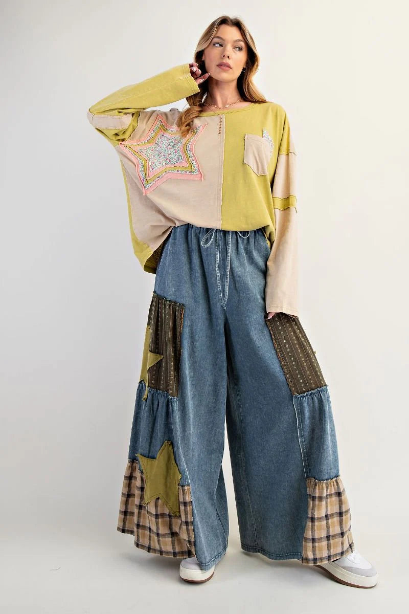 Easel washed denim patch star pants