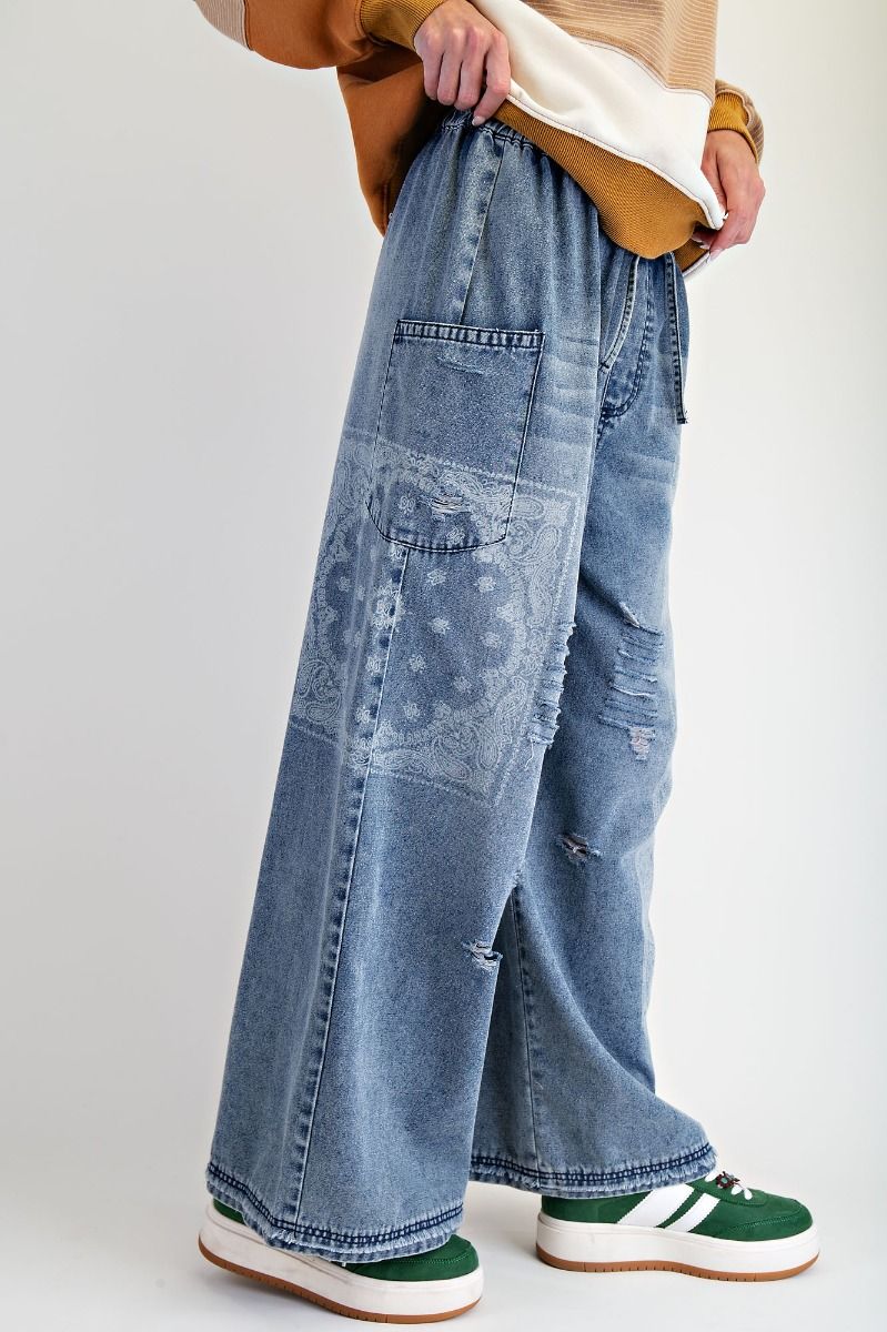 Easel PATCHWORK PRINTED WASHED DENIM PANTS