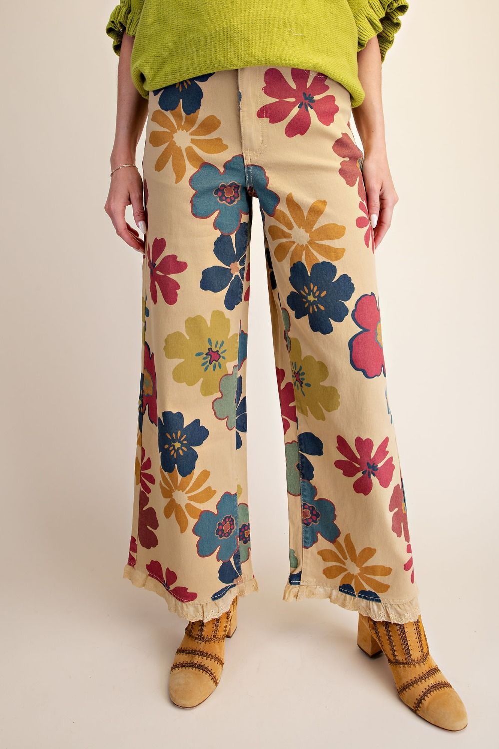 FLORAL PRINTED ENZYME WASHED STRETCH TWILL PANTS DIJON