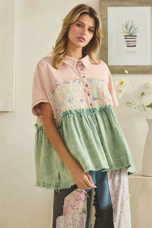 Oli and Hali WASHED COLLARED HALF PLACKET TOP
