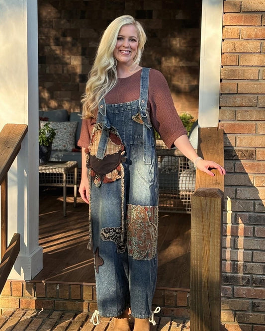 Blue velvet patch denim overalls