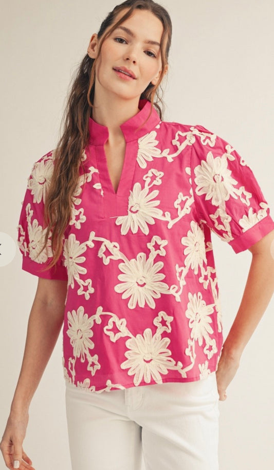 Jodifl hot pink raised flower collared top
