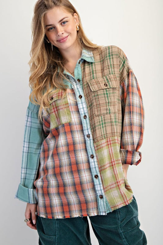 Easel mineral wash mixed plaid button down